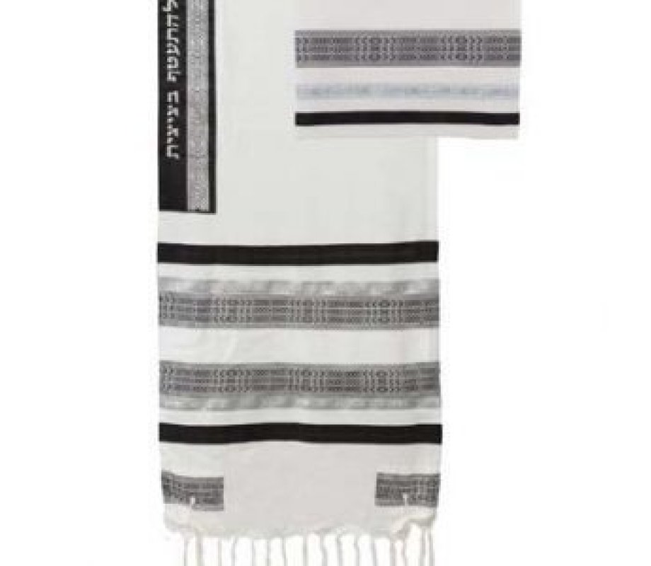 3-Piece Cotton Tallit Set with Appliques, Black and White Stripes - Yair Emanuel