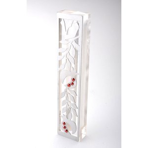 Laser Cut Steel Mezuzah Case Pomegranates - Red Swarovski Stones by Dorit Judaica