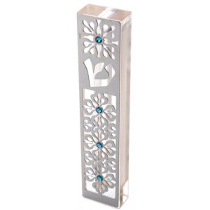 Laser Cut Steel Mezuzah Case Arabesque - Swarovski Stones by Dorit Judaica