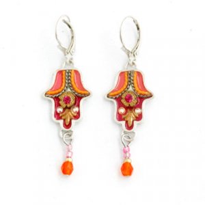 Red-Orange Hamsa Earrings with Matching Beads - Shahaf