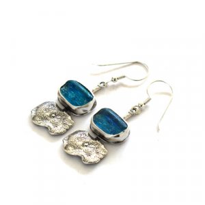 Roman Glass Drop Earrings with Textured Sterling Silver Drop Pendant - Michal Kirat