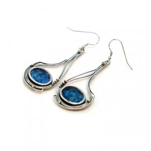 Round Roman Glass Set Inside Sterling Silver Dangle Hoop Earrings - Michal Kirat