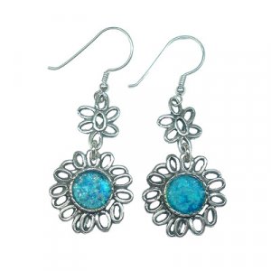 Sterling Silver Dangle Earrings with Roman Glass Set in Flower Frame - Michal Kirat