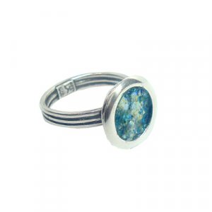 Sterling Silver Ring with Framed Circular Roman Glass, Adjustable Band - Michal Kirat