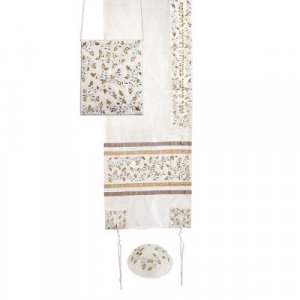 White Tallisack Tallit Set with Embroidered Silver and Gold Pomegranates - Yair Emanuel