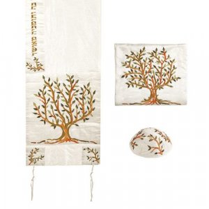 Polysilk Tallit Set Embroidered Brown and Green Tree of Life - Yair Emanuel