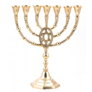 Gold Colored Brass Seven Branch Menorah, Framed Star of David  10"