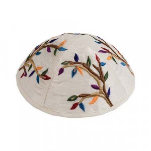 Embroidered Kippah, Tree of Life - Colorful Design on Cream
