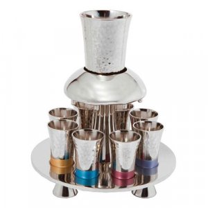 Hammered Aluminum Kiddush Fountain Set Eight Cups, Multicolored Bands - Yair Emanuel