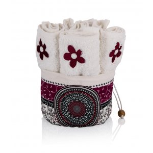 Six Flower Hand Washing Towels in Maroon Mandala Decorated Holder - Dorit Judaica