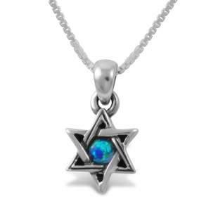 925 Sterling Silver Pendant Necklace, Star of David with Small Cultured Opal