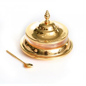 Glass and Gold Metal Rosh Hashanah Honey Dish, Spoon and Bell Shaped Lid - Small
