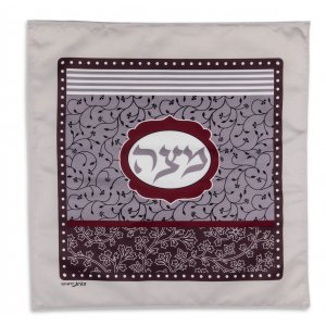 Satin Matzah Cover Leaf and Flower Design in Burgundy and Gray - Dorit Judaica