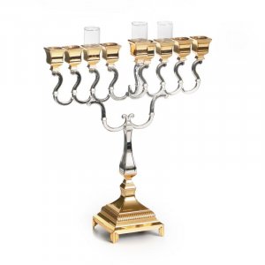 Large Gold and Silver Hanukkah Menorah, Classic Design with Swirls - 14.9" Height