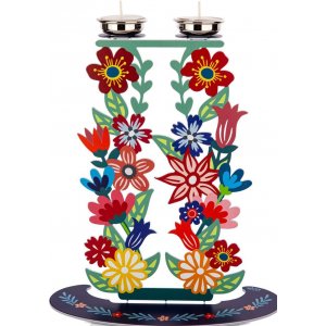 Tall Shabbat Candlesticks in Metal, Tall Colorful Flowers - Dorit Judaica