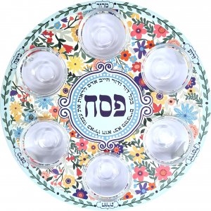 Seder Plate with Glass Bowls, Colorful Flowers and Hebrew Wording - Dorit Judaica