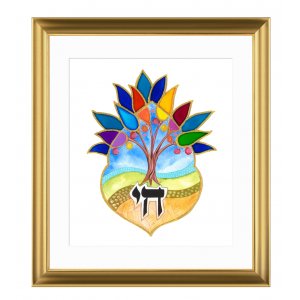 Hebrew Chai on Colorful Tree of Life Framed Print, Dvora Black