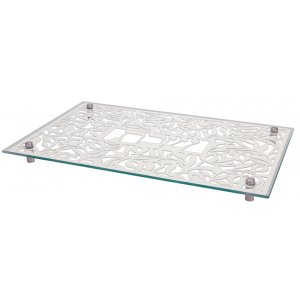 Tempered Glass Challah/Candlestick Tray, Pomegranate Design - Dorit Judaica