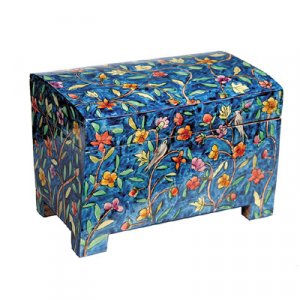 Wood Etrog Box with Hand Painted Forest Images, Blue - Yair Emanuel