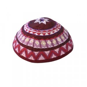 Kippah with Embroidered Geometric Designs, Maroon - Yair Emanuel