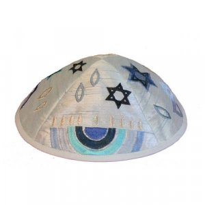 Embroidered Hanukkia, Star of David and Flame in Blue - Yair Emanuel