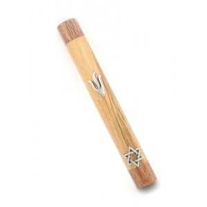 Rounded Mezuzah Case of Light Brown Wood - Silver Pewter Shin and Star of David
