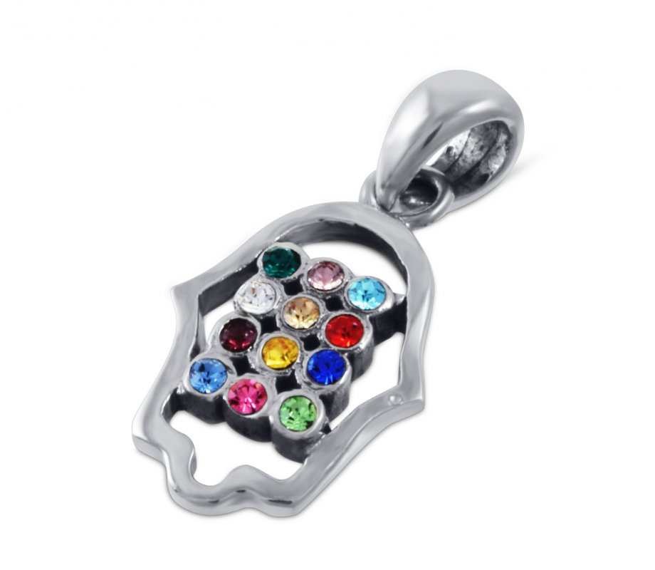 925 Sterling Silver Pendant Necklace - Colorful Choshen Breastplate in Hamsa Image