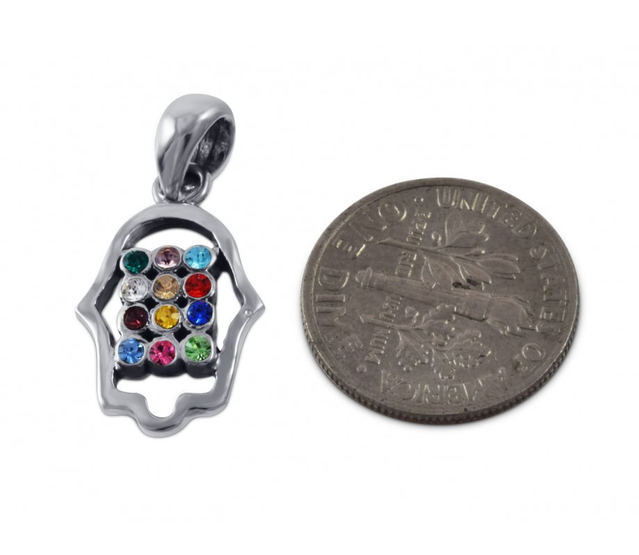 925 Sterling Silver Pendant Necklace - Colorful Choshen Breastplate in Hamsa Image