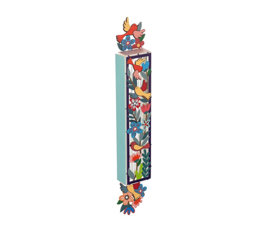 Acrylic Mezuzah Case, Colorful Birds and Flowers Design - Dorit Judaica