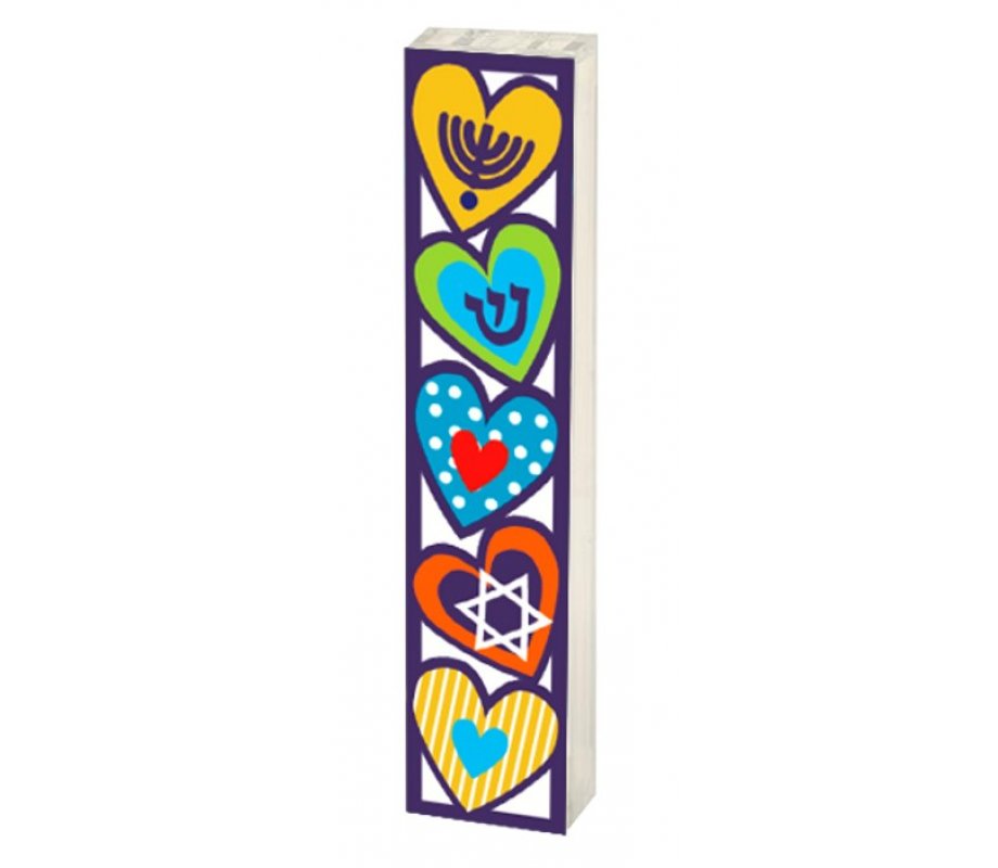 Acrylic Mezuzah Case, Colorful Heart, Star of David & Menorah Design - Dorit Judaica