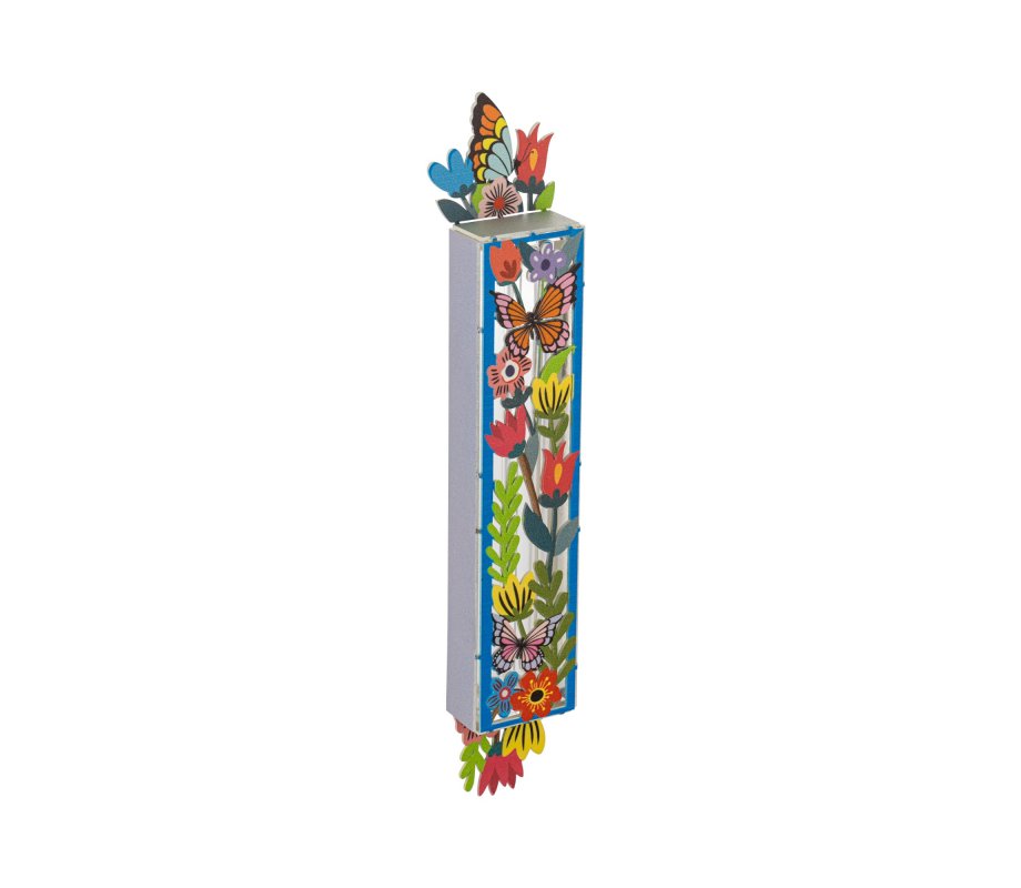 Acrylic Mezuzah Case, Multicolor Butterfly and Floral Design - Dorit Judaica