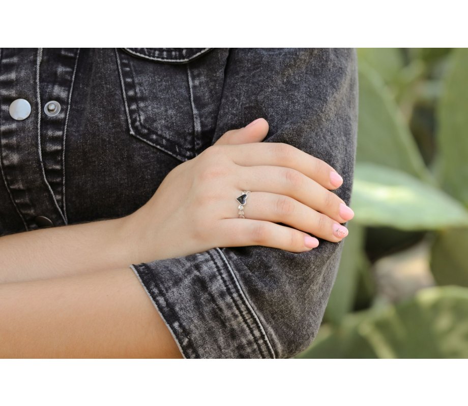 Adjustable Ring of Hearts with Black Heart in Center - Sterling Silver