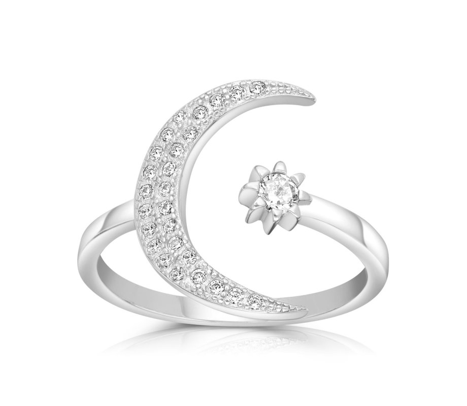 Adjustable Ring with Zircons, Star and Crescent Moon - Sterling Silver