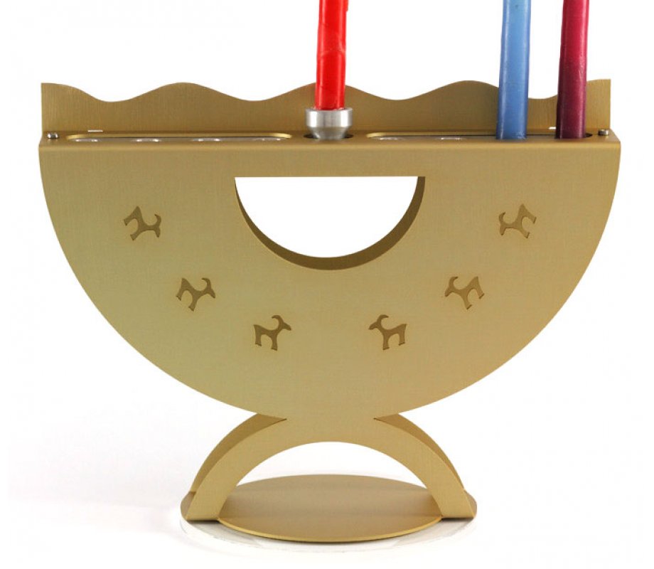 Aluminum Curved Hanukkah Menorah with Ibex Design, Gold - Shraga Landesman