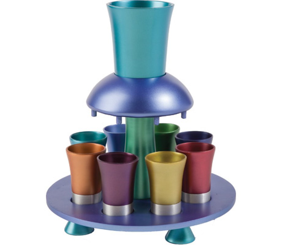 Aluminum Kiddush Fountain with Goblet, 8 Cups & Tray, Multicolored - Yair Emanuel
