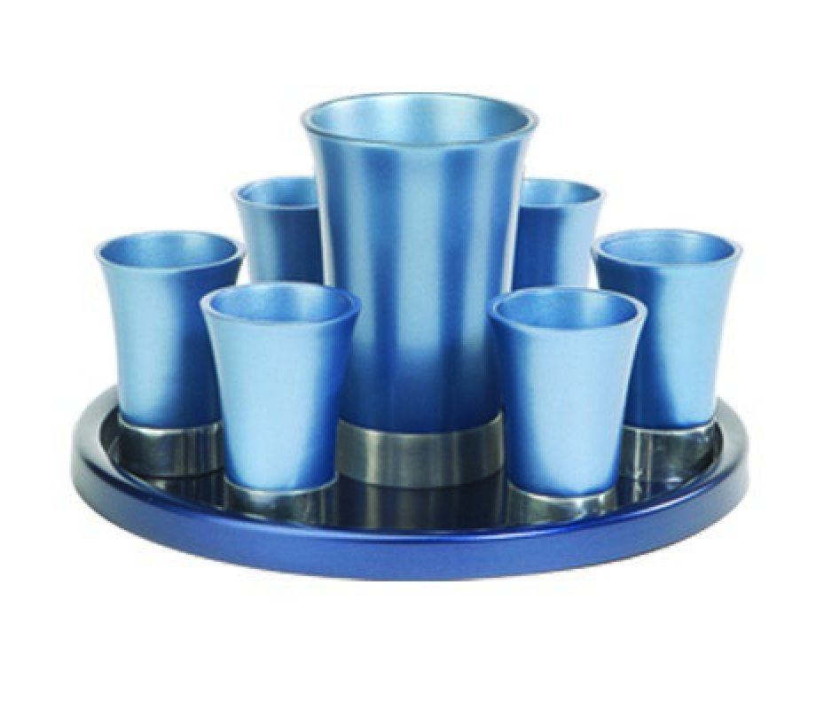Aluminum Kiddush Goblet and Six Cups with Tray, Metallic Colors - Yair Emanuel
