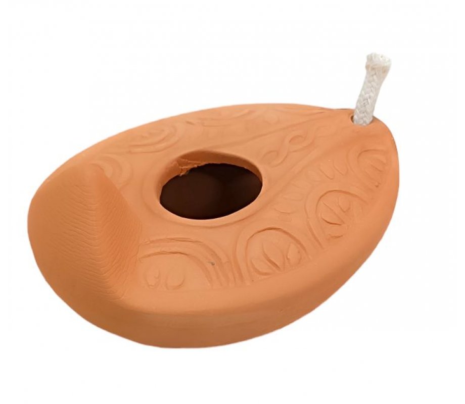 Ancient Biblical Clay Oil Lamp Decorated with Leaf Engravings