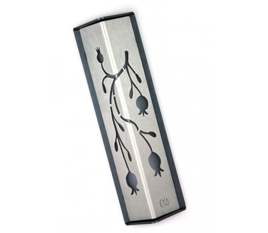 Angular Shiny Silver Aluminum Mezuzah Case - Pomegranate Motif by Shraga Landesman