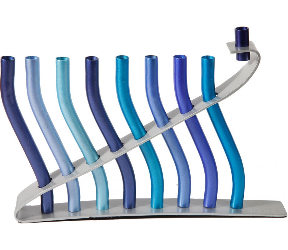 Anodized Aluminum Hanukkah Menorah Lyre Image, Shades of Blue - Yair Emanuel