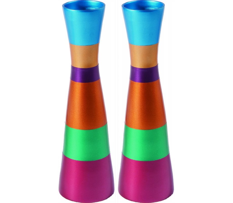 Anodized Aluminum Slender Shabbat Candlesticks - Colored Bands by Yair Emanuel