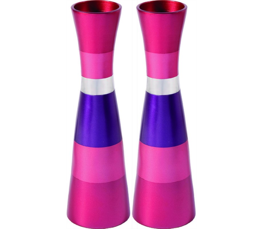 Anodized Aluminum Slender Shabbat Candlesticks - Colored Bands by Yair Emanuel