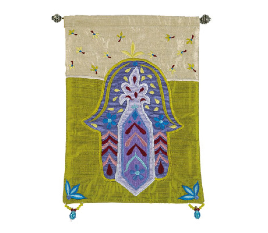 Appliqued Silk Wall Banner, Green Gold, Hamsa and Flowers and Leaves - Yair Emanuel