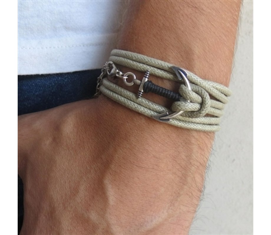 Beige Rope Triple-Wrap Men's Bracelet with Oxidized Silver-Plated Anchor Element and Black Thread by Gal Cohen