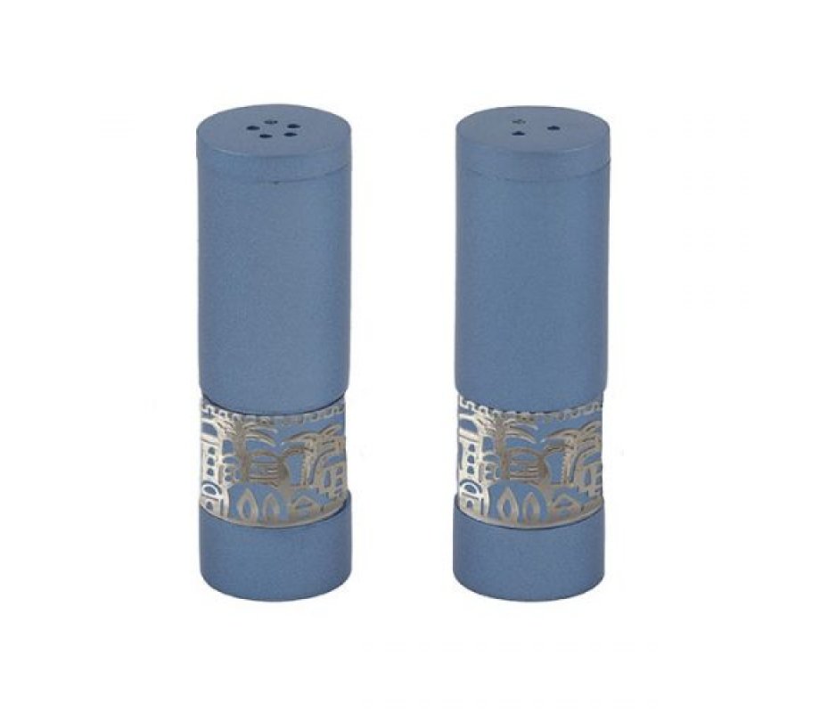 Blue Aluminum Salt and Pepper Set with Ornate Jerusalem Band - Yair Emanuel