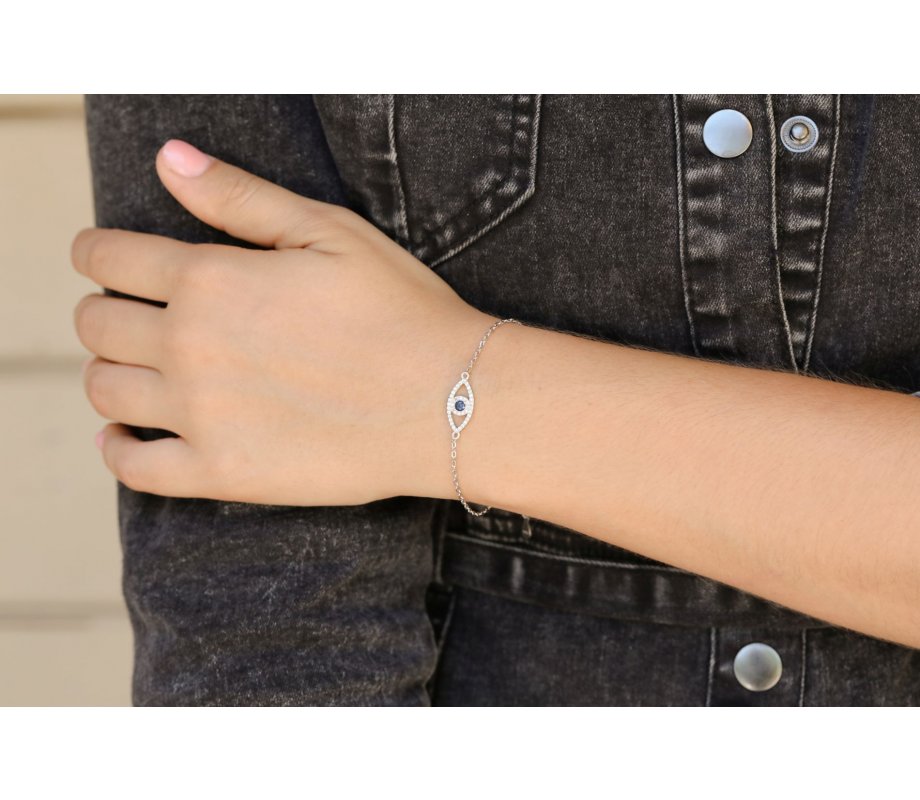 Blue Evil Eye of Protection on Sterling Silver Bracelet - Choice of Gold or Silver Finish