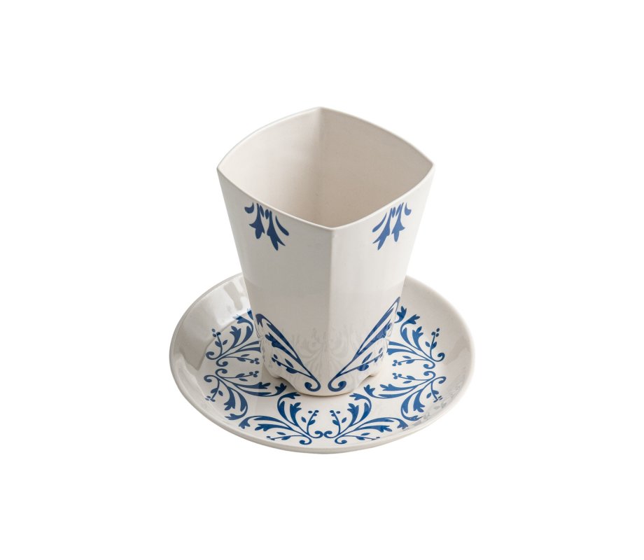 Blue Flower Design Israel Museum Ceramic Kiddush Cup and Plate