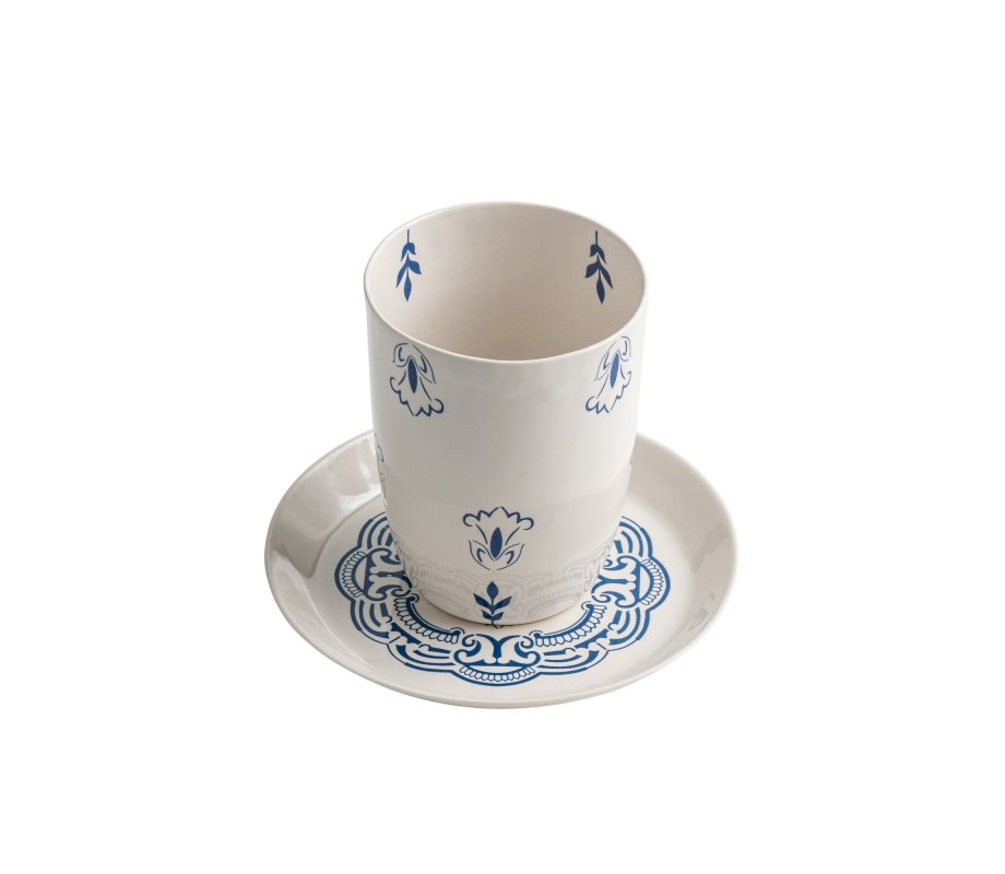 Blue Flower Israel Museum Ceramic Kiddush Cup and Plate