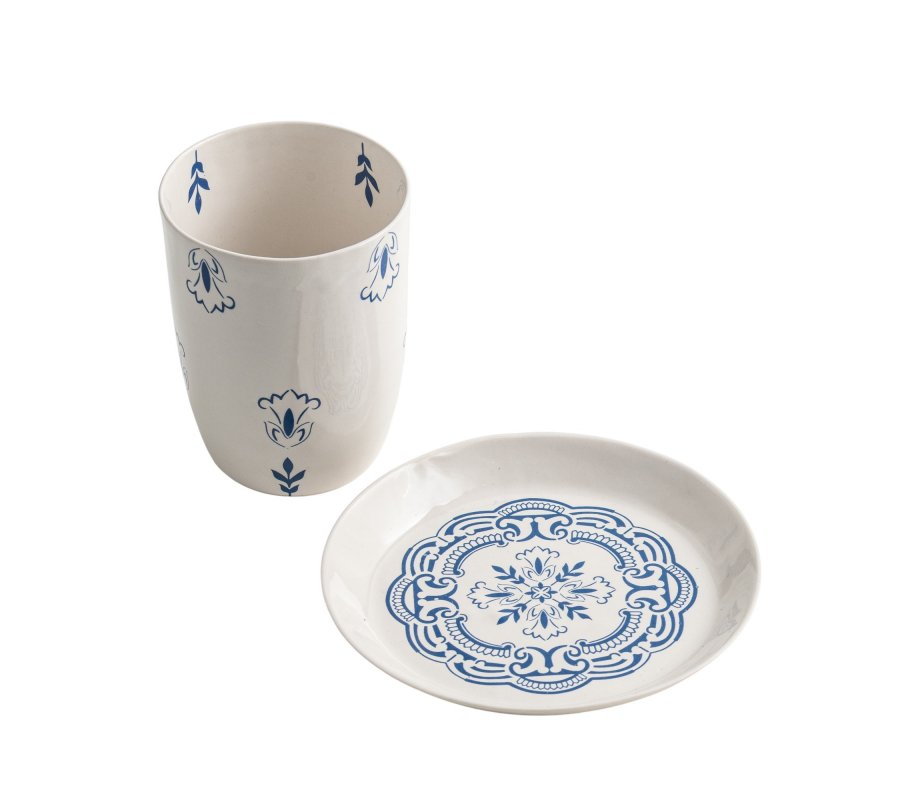 Blue Flower Israel Museum Ceramic Kiddush Cup and Plate