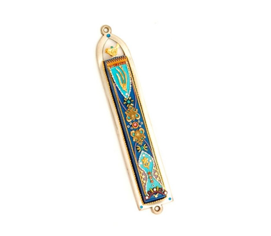Blue and Green Oriental Pewter Mezuzah - Ester Shahaf