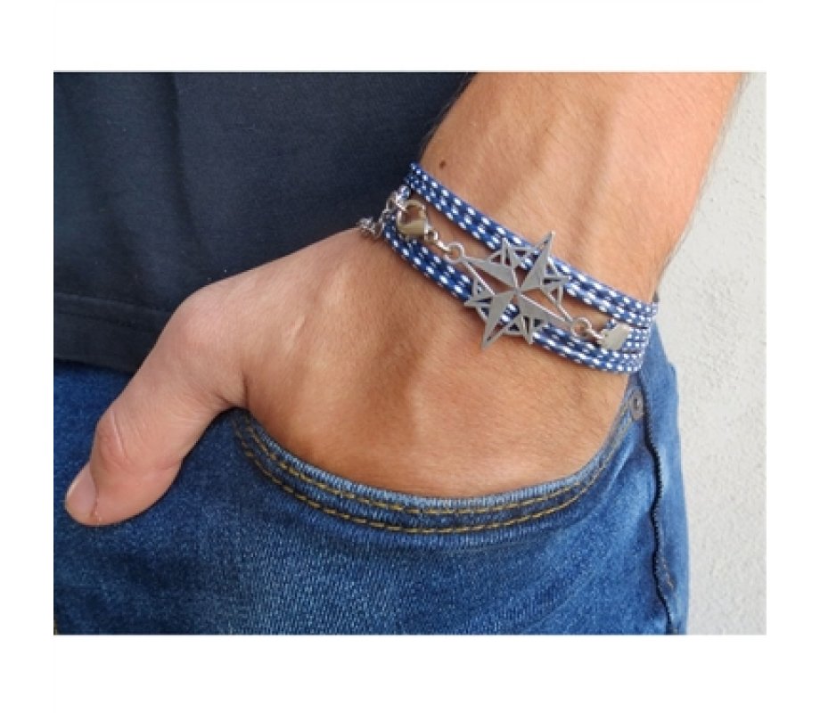 Blue and White Rope Triple Wrap Men's Bracelet with Oxidized Silver-Plated Compass Element by Gal Cohen